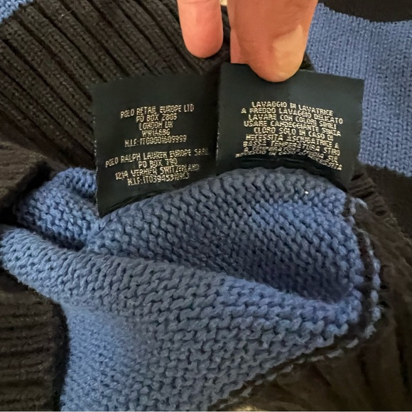 Vintage 90s Polo by Ralph Lauren Black + Blue Rugby Stripe 1/4 Zip Knit Sweater - Picture 6 of 11